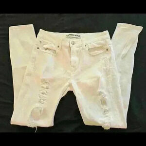 Express Jeans Women's Ripped Distressed White Skinny Jeans
